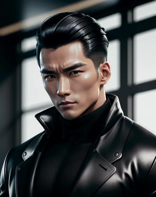 Prompt: perfect composition, {30 year old}, lean muscular korean man, wearing  futuristic {black turtleneck trench coat}, {dark hair slicked back}, clean shaven, extra masculine, peak fitness, determined expression, looking at viewer, 8k eyes, detailed face, wlop, stanley artgerm lau, artstation, hd, octane render, hyperrealism intricate details, 8k, cinematic volumetric light, proportional, art trending on artstation, sharp focus, studio photo, intricate details, highly detailed, intricate artwork masterpiece, ominous, intricate, epic, trending on artstation, highly detailed, vibrant, production cinematic character render, ultra high quality model, 