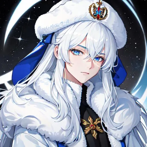 Prompt: Russia as a male human, 8k, UHD,  highly detailed, white hair, blue eyes, wearing a fluffy giant jacket and a ushanka