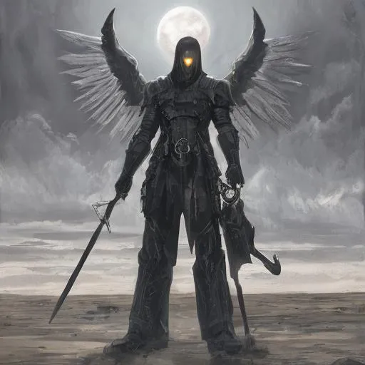 Prompt: redemption from a corrupt world full of evil, darkness, gloomy, sun, moon, starts, mech, angel of death, grim reaper