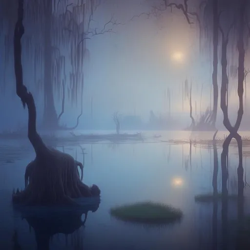 Prompt: Swamp, pre-Raphaelite colors, dreamlike, surreal atmosphere, ethereal lighting, water ripples. Renaissance-infused contemplation: Waist-deep in water, reflective, Leonardo da Vinci's reflective nature, Rembrandt's chiaroscuro. Mystical sorcery in surrealism: Set within a moonlit forest, surreality of René Magritte's dreamscapes. The distorted trees and surreal creatures that emerge from the shadows are reminiscent of the nightmarish imaginings of H.R. Giger, adding a dark and mysterious layer to the enchanting scene, professional ominous concept art, by artgerm and greg rutkowski, an intricate, elegant, highly detailed digital painting, concept art, smooth, sharp focus, illustration, in the style of simon stalenhag, wayne barlowe, and igor kieryluk., sharp focus, emitting diodes, smoke, artillery, sparks, racks, system unit, motherboard, by pascal blanche rutkowski repin artstation hyperrealism painting concept art of detailed character design matte painting, 4 k resolution blade runner, trending on artstation, sharp focus, studio photo, intricate details, highly detailed, by greg rutkowski 
