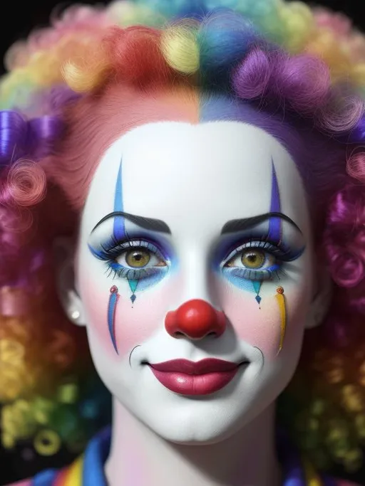 Prompt: optimistic beautiful clown, rainbow clown, happy-eyed clown, excited, dreamy, dreamy, perfect face, perfect eyes, perfect lips, perfect nose, smiling, intricate details, sharp focus, depth of field, volumetric lighting, fantasy majestic clothes, smooth soft skin, symmetrical face, soft lighting, detailed face, concept art, digital painting, ethereal, epic, 32k, intricate details, sharp focus, trending on artstation, kids story book style, muted colors, watercolor style