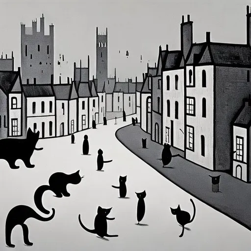 Prompt: black and white cat in white room smiling in style of lowry