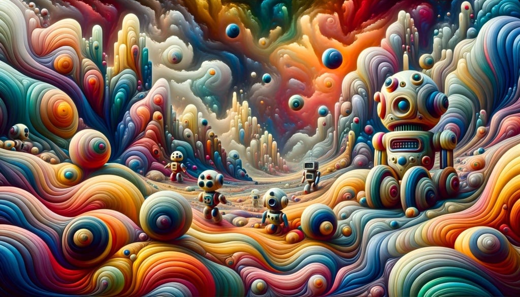 Prompt: Abstract painting that captures the essence of a surreal desert, where colorful robots roam freely. The bulbous terrains and formations give the scene a dreamlike quality, and the swirling colors and patterns are inspired by psychedelic art.