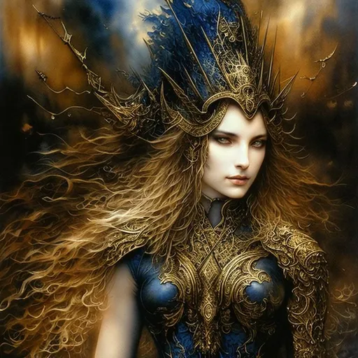 Prompt: (painting) Luis Royo fine art, dark blue ink, gold watercolor, extremely detailed, precise execution.