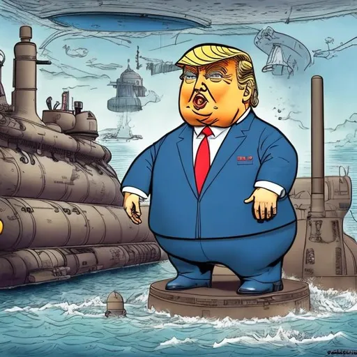 Prompt: Cute, obese Trump in front of a submarine in drydock, dark-blue suit, too long red tie, u-boat scene, bright colored, Sergio Aragonés MAD Magazine cartoon style