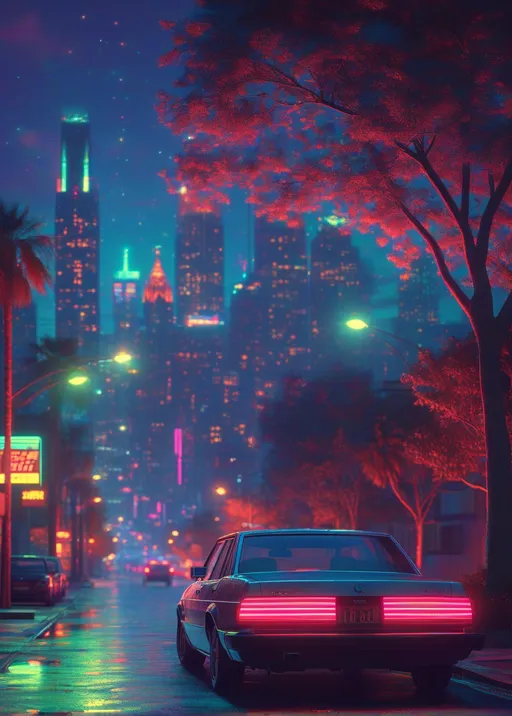 Prompt: A parked car on a dimly lit street at night, city skyline illuminated in vibrant neon lights, Dreamcore atmosphere. Retro-futuristic style, blending nostalgia with a modern aesthetic. High-quality, featuring cinematic depth and dramatic shadows, capturing the essence of a bustling urban night scene, with a slightly surreal quality. 