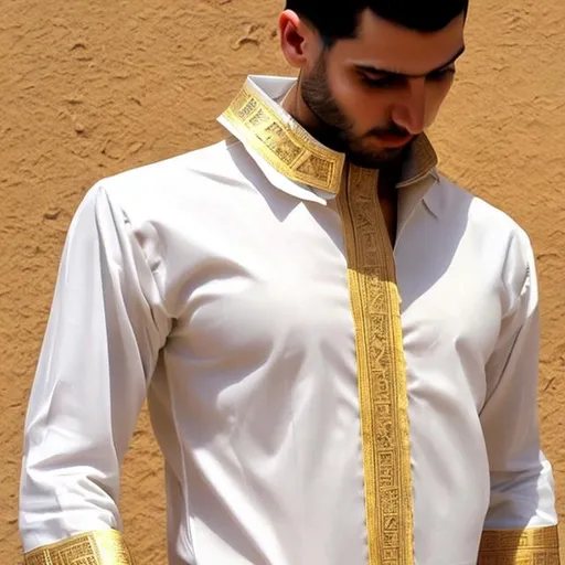 Prompt: A plain white pharaonic men's shirt whose cuffs and collar adorn golden pharaonic inscriptions