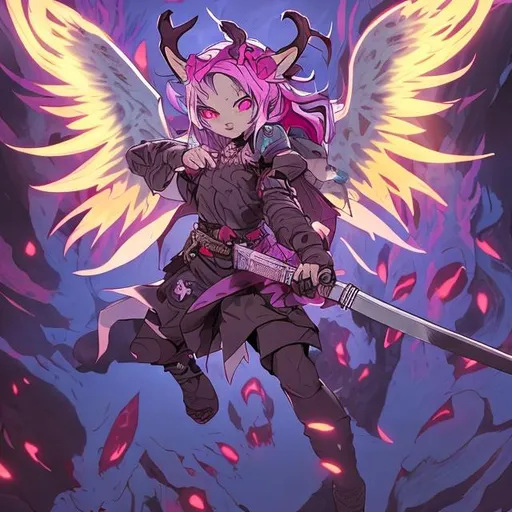 Prompt: a young demon (multi-color hair) (multi-color eyes)(she has rabbit ears) holding a katana, fighting, in a gunfight, bullets flying, fighting in a rural area, sad, (demon tail), (angel wings), lunging at the center, flying in the air