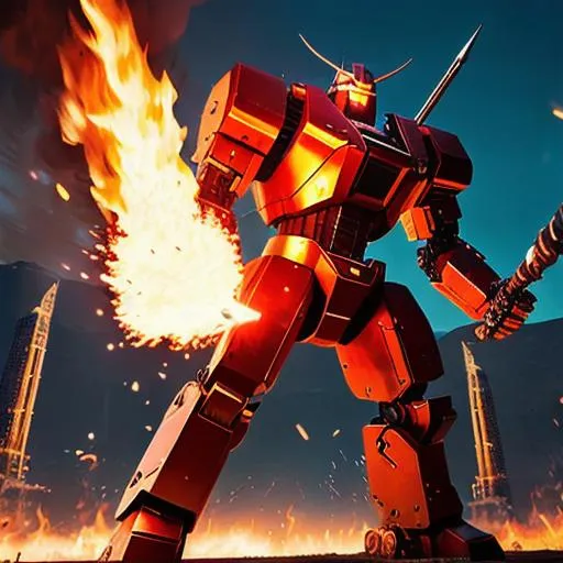 Prompt: Giant robot swinging a flaming axe, unreal engine, full metal body, extreme explosion, cyber war, hd ultra 4k, cinematic, hyper-realistic