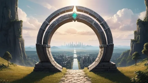 Prompt: circular portal, gateway between cities realms worlds kingdoms, ring standing on edge, freestanding ring, 9 chevrons on ring, complete ring, panoramic view