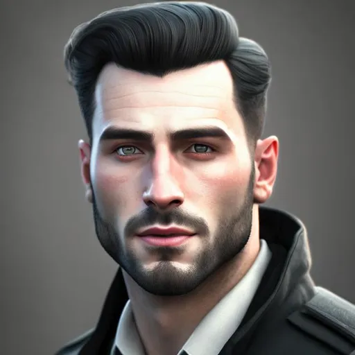 Prompt: portrait, realistic digital art, young male, three-quarters portrait, caucassian, black hair, wavy hair, short mullet, modern military, rosy skin undertone, pale skin, good-looking, black or gray clothing, tactical gear, light stubble, hair buzzed on the sides, 27 years-old