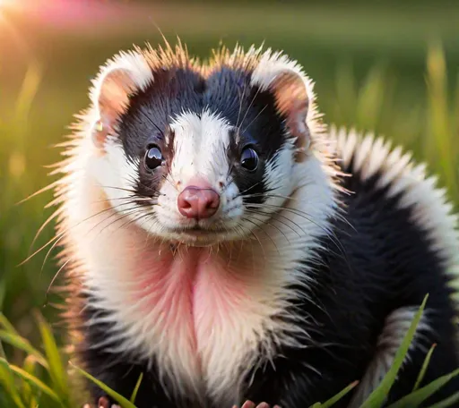 Prompt: small black and white skunk ferret hybrid, pink fly like eyes, large pseudo-pupil, fluffy tail with white stripe, sitting on grass, sunset lighting, detailed fur, highres, warm tones, realistic, detailed eyes, nature landscape