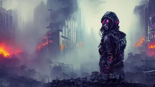 Prompt: Cyberpunk mechs, Riots in the streets, corporate corruption, cities burning, and a single flower in the chaos, tear gas, gas masks, pills, cash money