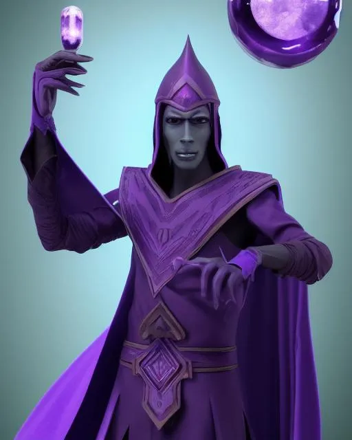 Prompt: Lanky dark elf humanoid with obsidian colored skin dressed in purple robes, holding a pulsing purple crystal. 4K Realistic