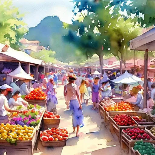 Prompt: village summer market, watercolor painting, mainly hot colors, day light, flowers, fruit, a lots of people,  highly detailed