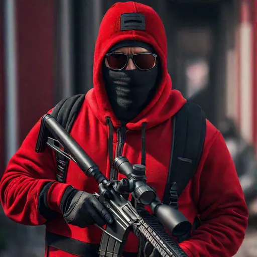 Prompt: A man from The Walking Dead, with black glasses, wearing a red sweatshirt with black stripes and a black balaclava, with a sniper rifle, background zombie apocalypse, Hyperrealistic, sharp focus, Professional, UHD, HDR, 8K, Render, electronic, dramatic, vivid, pressure, stress, nervous vibe, loud, tension, traumatic, dark, cataclysmic, violent, fighting, Epic