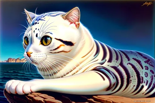 Prompt: harbor seal cat hybrid, cat face, highest quality, ultra sharp, smooth, sharp focus, highly detailed, art by Boris Vallejo and Carl Barks, hyperrealism, trending on artforum, artstation hq, behance hd