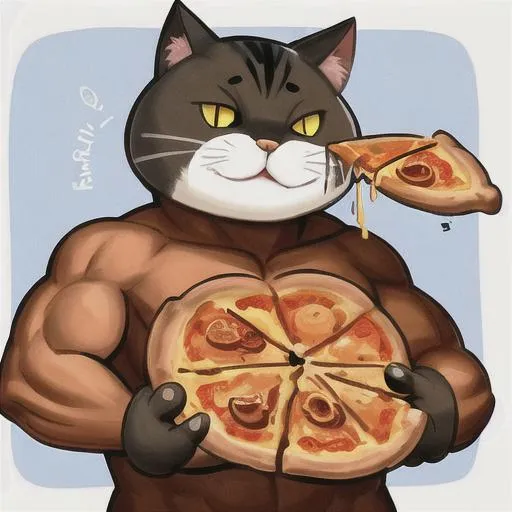 Prompt: buff cat holding pizza
