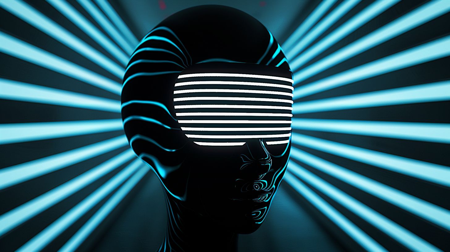 Prompt: A face in the dark, reimagined with a high-tech futuristic twist inspired by Apollos Tzavahniki. The stop-motion animation style is transformed with vibrant horizontal stripes, a light silver and dark navy color scheme, and intense chrome reflections. Mind-bending patterns blend seamlessly with the futuristic robots, creating an otherworldly atmosphere