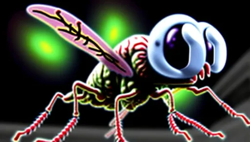 Prompt: Zombie house fly with deformations brains showing and missing or added limbs