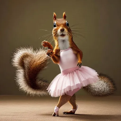 Prompt: An anthropomorphic squirrel dressed as a ballerina, dancing