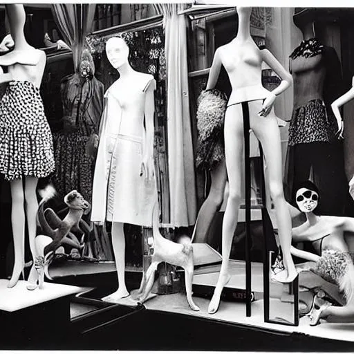 Prompt: Vogue fashion editorial beauty story model schaparielli Dora Marr Maggie Maurer mountain of clothes floor to ceiling. Hoarders house. Collectibles. Beauty. Dada. mannequins. White pug. MOMA. Peggy Guggenheim. Venice. New York. London. Paris. Milan. Dali. Absolutely fabulous. Christian Dior. 1930’s window display 