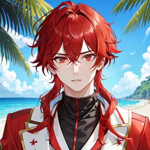 Prompt: Zerif 1male (Red side-swept hair covering his right eye) at the beach, 8k, UHD, highly detailed, insane detail, masculine, wearing tropical attire