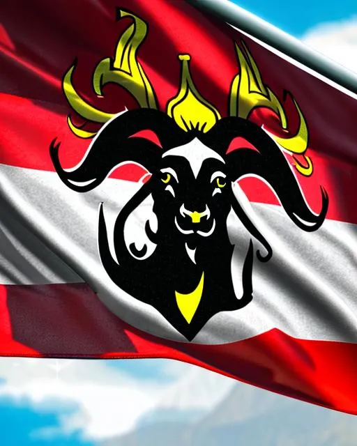 Prompt: The zodiac symbol for Capricorn, the goat, on a waving  flag on a flagpole , ultra detailed, highly detailed scenario, photorealistic, intricate, masterpiece, UHD, HDR, symmetric, coherent, epic detail, stunning, beautiful, ,lumen render ,lumen path tracing ,path tracing light ,path tracing shadow ,path tracing special fx, 