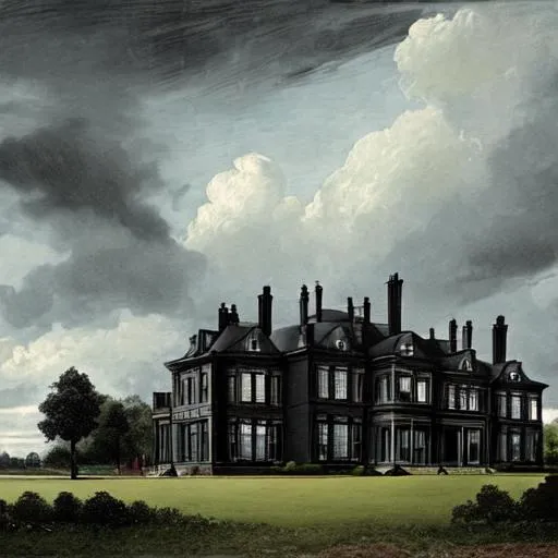 Prompt: A large, black 19th century mansion with dark clouds in the sky.