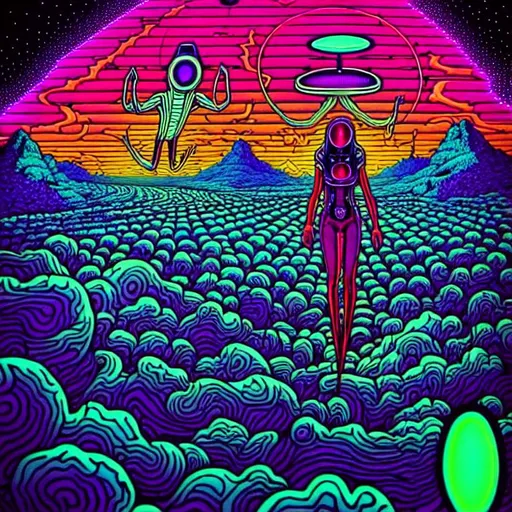 Prompt: Hypnotic illustration of {being abducted by aliens}, hypnotic psychedelic art by Dan Mumford, pop surrealism, dark glow neon paint, mystical, Behance, intricate, detailed, professional, intense, cinematic, scenic, picturesque, fine detail, 3d