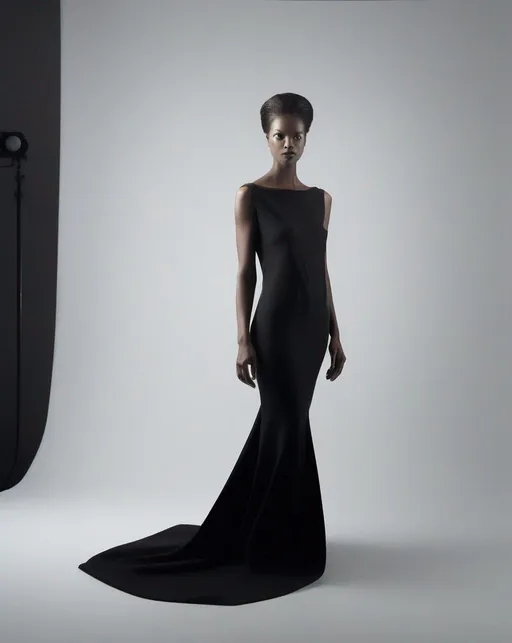 Prompt: A minimalist fashion portrait isolated against a plain grey background, placing emphasis on the graphic sculptural form of the elegant black gown, reminiscent of Irving Penn's refined studio style. Lit with refined, meticulous overhead lighting to create a clean silhouette. Shot with an 8x10 view camera and normal lens. The mood is elegant simplicity. In the style of Irvin Penn.  