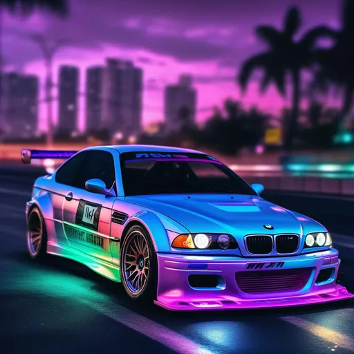 Prompt: 2001 BMW M3 E46 GTR, synthwave, aesthetic cyberpunk, miami, highway, dusk, neon lights, coastal highway, dusk, neon lights, coastal highway, sunset, drift, nurburgring, water on the road, blade runner, 8k, watercolor, macro sharp focus, 8, hyper realistic, cinematic, highly detailed, photoraelistic