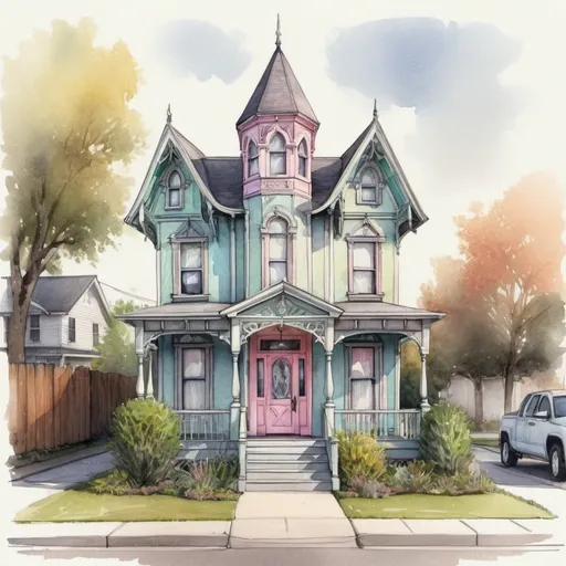 Prompt: Tiny queen Anne Victorian revival small house, narrow house, architectural hand sketch, watercolor painting, pastel facade, contrast accent, front gable end, conceptual, highres, detailed, watercolor painting, gothic revival, architectural sketch, pastel tones, bright contrast, conceptual art, atmospheric lighting