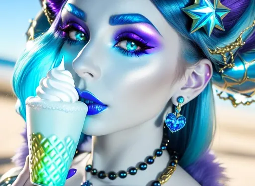 Prompt: Kayleigh Mcenany with ultradetailed large shiny blue lips, Blinding Heart Earrings, Blue Xtra Large Metal Ball Gown, Rainbow Sugar Gloves with Purple Fur, Glowing Blue eyes, Artisans Cut Gleaming Ice Cream Tiara. Pristine Green hair, confident facial expression, Full eyebrows with blue tint, Crocodile necklace, Wintry Aura, Black Armor Plated Shoulders, Cake Covered gold wand, Sharp Nails, Auroras in eye of hurricane. Blue Moon. High resolution, Realistic, Cold color scheme, high radiance.