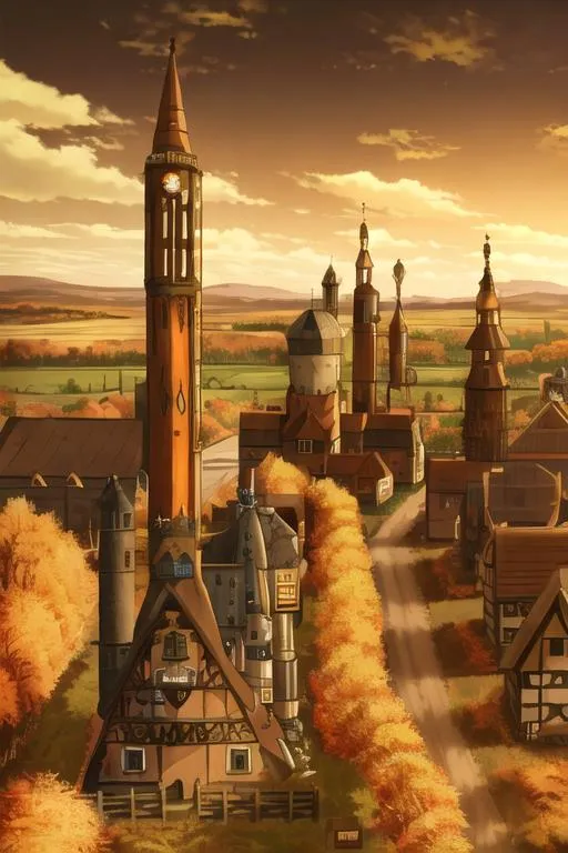 Prompt: Gears and Brass Tinsels, Autumn Season, Oktoberfest Inspired, Farm and Gears, Prarie, Derry, Ochre Aesthetic, Nobody in Background, Medieval Victorian German Fantasy Peaceful Picturesque Labyrinth Farming Town, German Style Buildings, Interesting, Steampunk Retro Futuristic Background