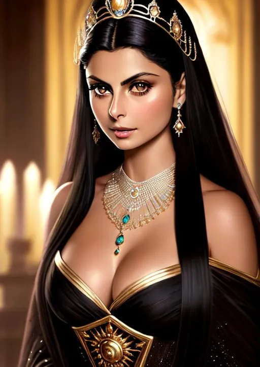 Prompt: Morena Baccarin with green eyes, black long hair, dark skin, medieval dress,  cleavage, gold crown, throne room, calm face, standing, best quality, realistic, masterpiece, an extremely delicate and beautiful, CG, extremely detailed , highres, extremely detailed, beautiful detailed girl, realistic, beautiful detailed green eyes, light on face, cinematic lighting