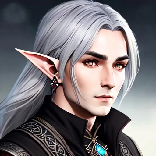 Prompt: half body portrait, male, pointed ears, drow elf, gray ears, ((gray skin:0.6)), detailed face, detailed eyes, full eyelashes, ultra detailed accessories, detailed village, village worker, background, simple apron, short messy hair, black hair, dnd, artwork, fantasy ,inspired by D&D, concept art, ((looking away from viewer)), ((muted colors)), ((faded colors)), art inspired by Agnes Cecile