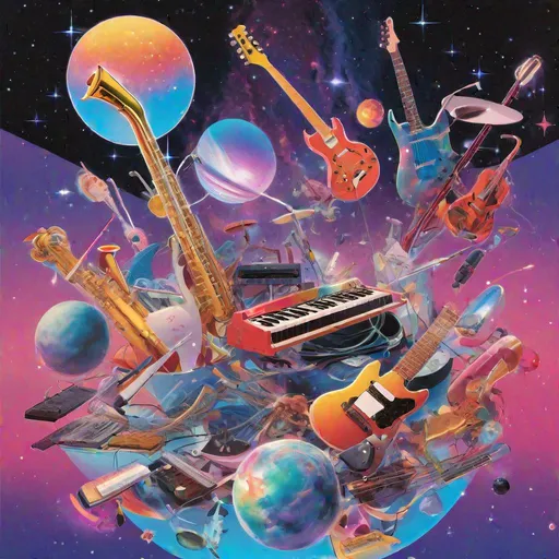 Prompt: An album cover featuring a surreal collage of musical instruments floating in space. At the center is a vibrantly colored electric guitar hovering over a crystal planet. Surrounding it are a theremin, saxophone, synthesizers, and other instruments glowing against a starry nebula backdrop. Warm spotlights illuminate each object in a dramatic fashion. By James Jean in a retro vaporwave style. ((Nebula background)) ((Glowing instruments))