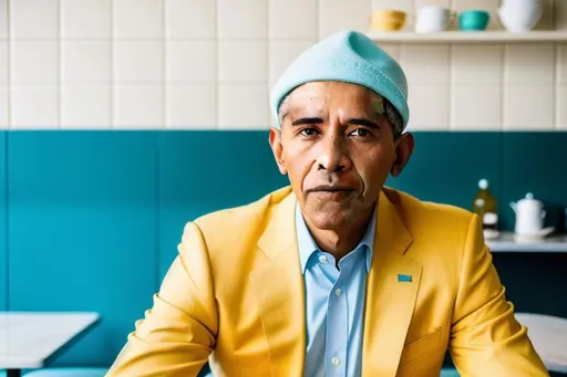 Prompt: Barack Obama, wearing pastel yellow suit and a pastel blue hat,  sitting in a cafe, bright high key lighting, soft white walls with ceramic tiles, matte finish, diner kitchen in the background, film grain, cinematic frame, shallow depth of field
