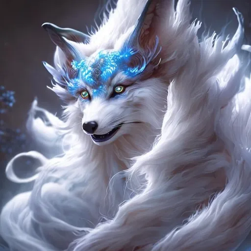 Prompt: Hyperrealistic half transformed kitsune partially shrouded in shadow, peers sweetly with glowing blue eyes, silky white fur, long white flowing hair, sharp long nails in traditional geisha garb