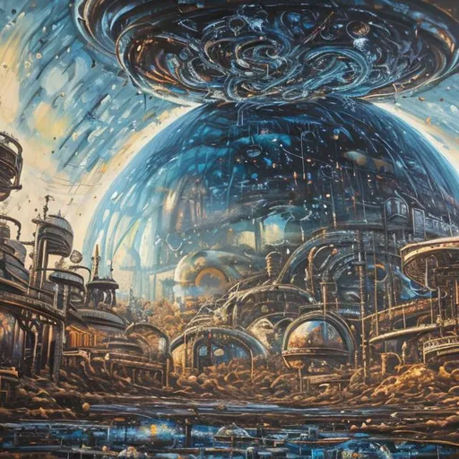 Prompt: Huge glass force field dome covering a science fiction metal town, oil painting, heavy strokes, paint dripping