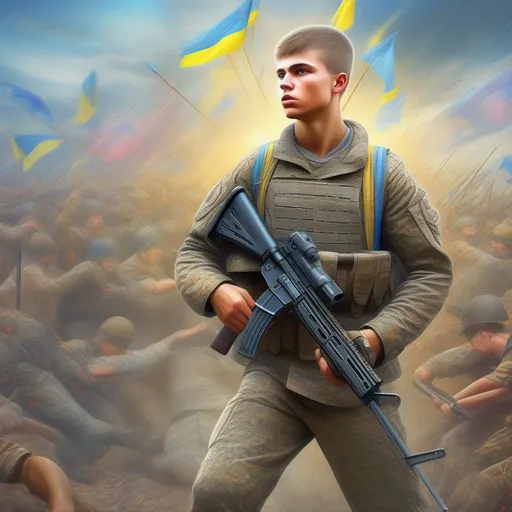 Prompt: digital super-detailed photorealistic picture represent  "Young guy in battle for Ukrainian freedom ". full-body picture with a detailed face`s zones. Multi-contrasts (scene plans and elements, colors, lights, forms, lines, rhythms, negative and positive space). Crisp quality in added Ukrainian modern cultural elements. Holographic effect on solid surfaces. Composition, Structures, Edges are based on Fractals and Fibonacci set