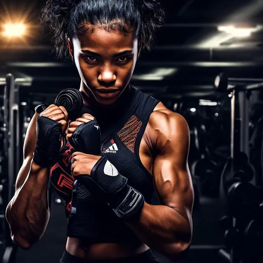 Prompt: portrait: "21st century Assassin 16-year-old woman". (photorealistic, detailed elaboration). A young African-American beauty woman who attends high school during the day and works at night. The picture shows the woman in the (((gym))). Toned body, muscular face, fitness and martial arts. Focus on the woman face. You can feel the duality, the (((ambivalence))) of day life and night life. Blend into the environment, yet stand out