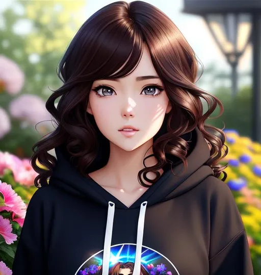 Prompt: anime portrait of  young woman with flowing curly dark brown hair and dark blue eyes | wearing a simple hoodie and T-shirt | ultra-fine details, hyper-focused, deep colors, dramatic lighting, ambient lighting god rays, flowers, garden | by sakimi chan, artgerm, wlop, pixiv, tumblr, instagram, deviantart