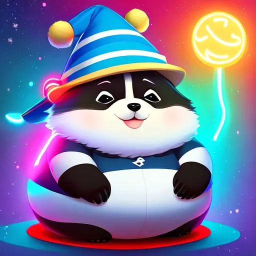 Prompt: (((fat round raccoon))) wearing (((wizard hat))), (((fluffy))) art style of sam yang and james jean! cute (((neon))) surrealism, magic