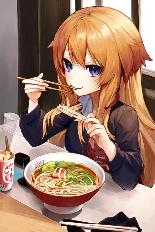 Prompt: Anime girl eating ramen noodles with chopsticks