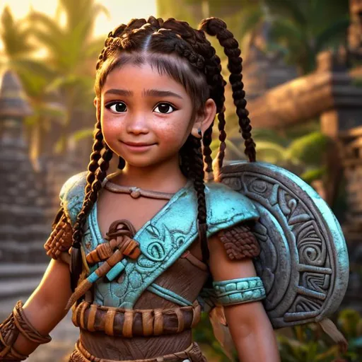 Prompt: a small, tiny, very young female Mayan warrior with small headband, caramel complexion, small ears, big hazel color eyes, long brown semi braided hair with homemade wooden shield in her hand, mayan weapon, jade, real 4k, full size, unreal engine graphics, full body, mayan temple and jungle background, real life like, beautiful smile