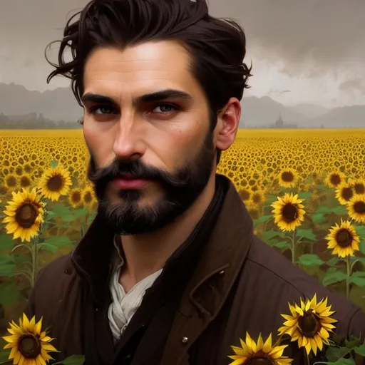 Prompt: Splash art portrait of a skinny ruggedly handsome dark brown haired man with short hair, very light facial hair, 30 years old, in a sunflower field, very dark brown eyes, victorian light clothes, elegant, highly detailed, intricate, smooth, sharp focus, artstation, digital painting, concept art, art by greg rutkowski, alphonse mucha and John William Waterhouse, light, romantic, nostalgic, warm colors, golden light