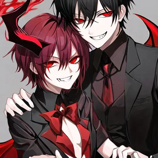 Prompt: Damien as a demon (male, short black hair, red eyes) grinning seductively