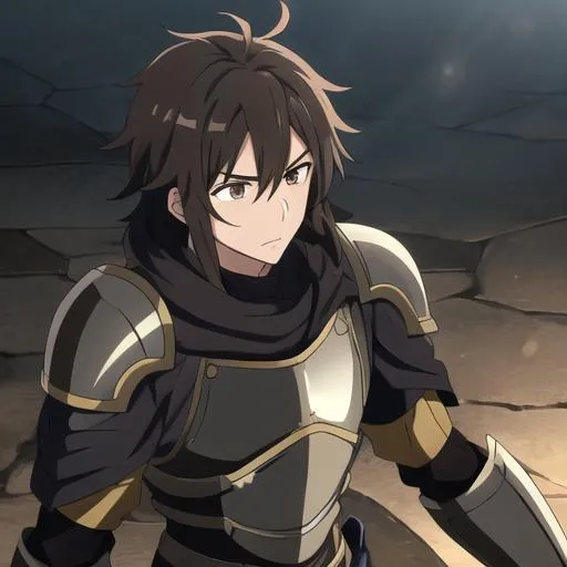 Prompt: Anime man, black brown messy hair, brown eyes, necromancer, in armour, shiny